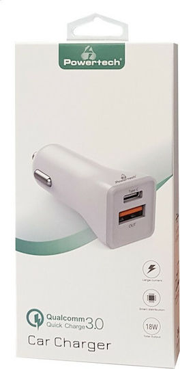 Powertech Încărcător Auto 18W 3A cu Porturi: 1xUSB 1xType-C Alb Culoare