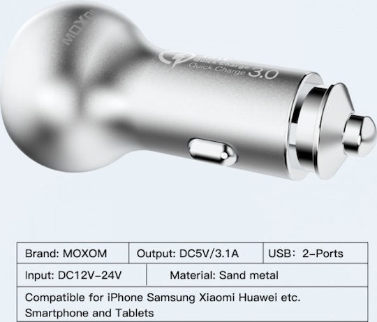 Moxom KC-13 Auto-Ladegerät 36W 3A Schnellladen mit 2xUSB-A Anschlüssen und Lightning Kabel Silber Farbe