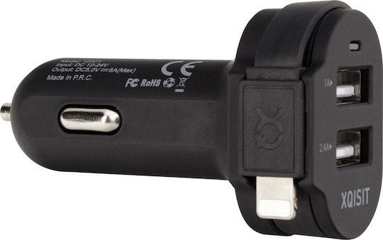 Xqisit Φορτιστής Αυτοκινήτου 6A με Θύρες: 2xUSB μαζί με Καλώδιο Lightning Μαύρο Χρώμα