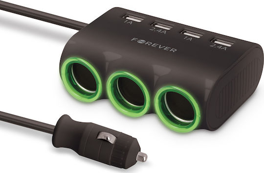 Forever Car Charger 120W 2.4A with Ports: 4xUSB with Cable Embedded Black Color