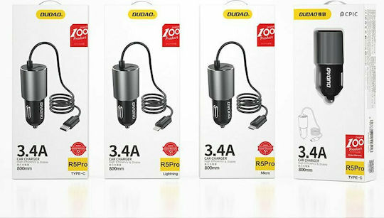Dudao R5Pro T Încărcător Auto Cu Mufă De Brichetă 25W 3.4A Cu O Singură Portă 1xUSB-A Cu Cablu Type-C Culoare Neagră
