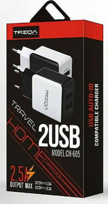 Treqa Charger Without Cable with 2 USB-A Ports Blacks (CH-605)