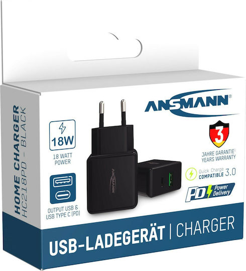 Ansmann Charger Without Cable with USB-A Port and USB-C Port Blacks (HC218PD)