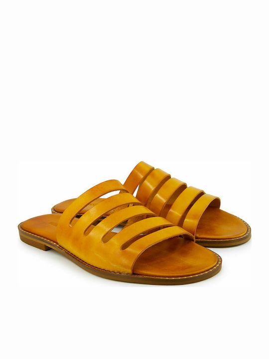 Makis Kotris Leather Women's Flat Sandals in Yellow Color