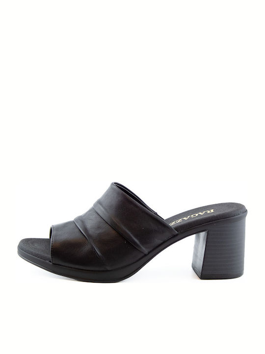 Leather Mules with Chunky High Heel in Black Color