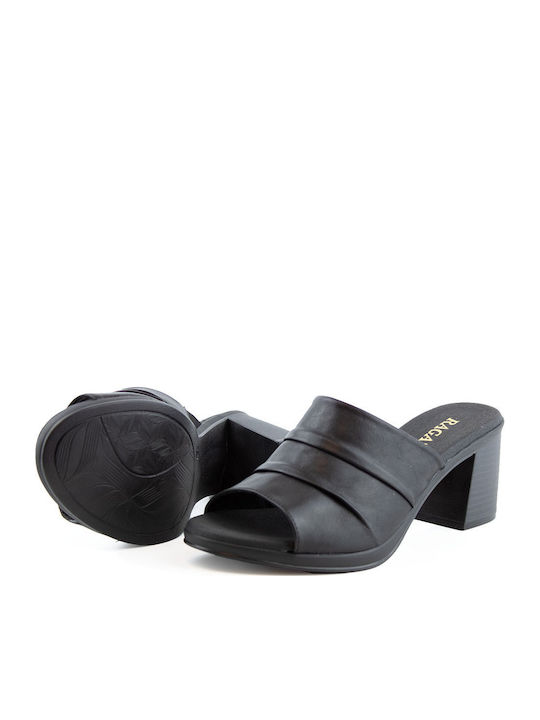 Leather Mules with Chunky High Heel in Black Color
