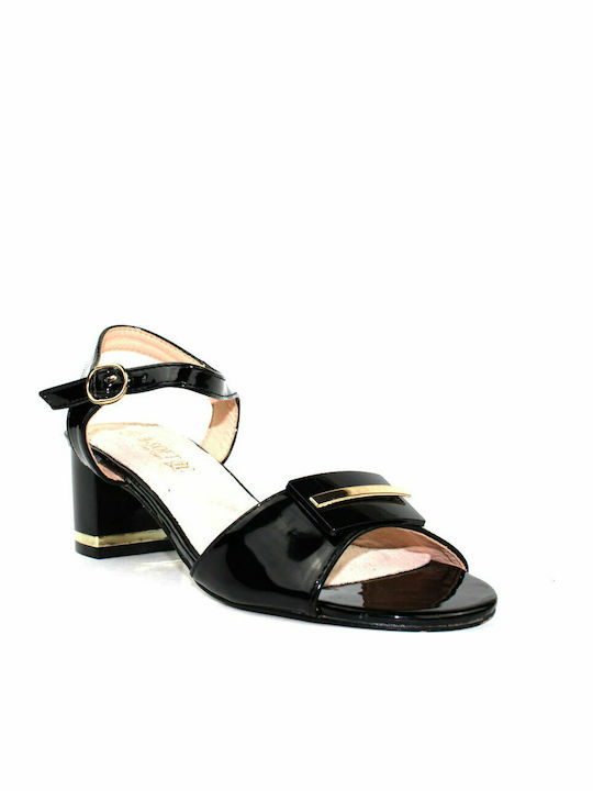 B-Soft Anatomic Patent Leather Women's Sandals with Ankle Strap Black with Chunky Medium Heel