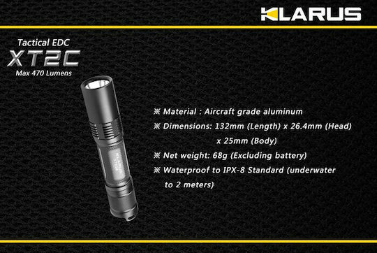Klarus Φακός LED IPX8 με Μέγιστη Φωτεινότητα 470lm