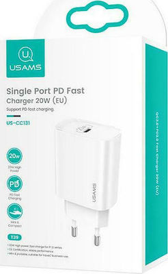 Usams Charger Without Cable with USB-C Port 20W Power Delivery Whites (CC131)