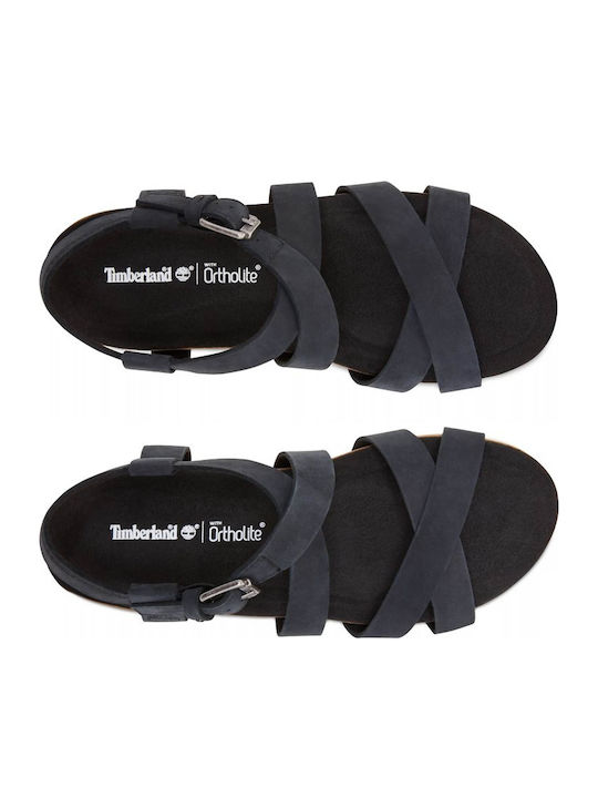 Malibu Waves Leather Women's Flat Sandals Anatomic with Strap in Black Color