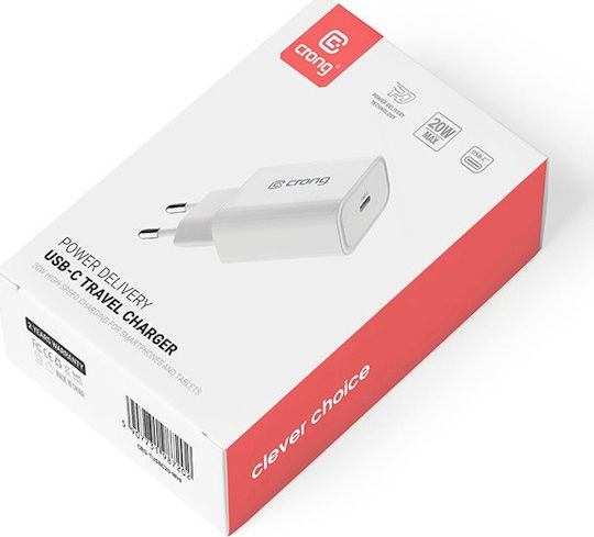 Crong Φορτιστής Χωρίς Καλώδιο με Θύρα USB-C 20W Power Delivery Λευκός (TUSBC20)