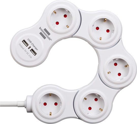 Brennenstuhl Power Strip 5 Positions with 2 USB-A, Switch and Cable 1.4m