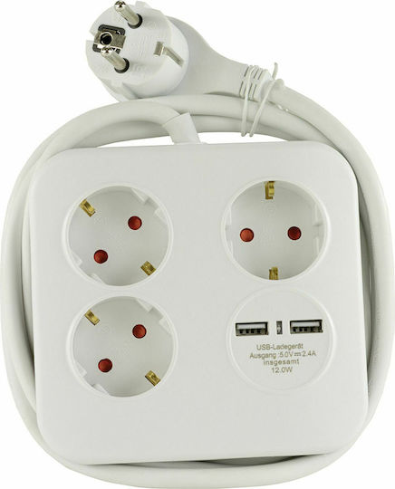 REV Power Strip 3 Positions with 2 USB-A, USB-C and Cable 1.4m