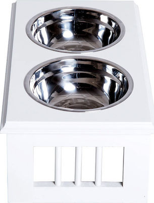 Pawhut Stainless Steel Dog Waterer / Feeder with Stand White Σετ Ανοξείδωτα Μπολ Γεύματος με Ξύλινη Βάση για Κατοικίδια Λευκό