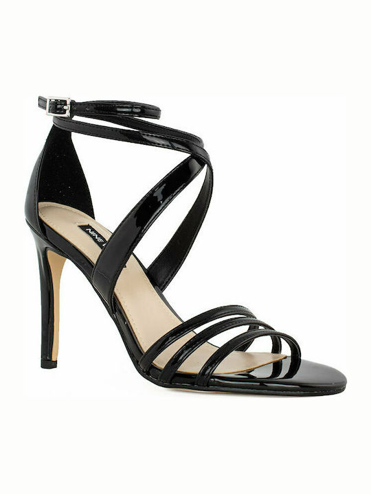 Nine West Patent Leather Women's Sandals Ilov Black with Thin High Heel