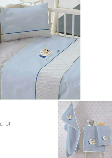 Makis Tselios Home Σετ Βρεφικά Σεντόνια Κούνιας Περκάλι Pilot Γαλάζια 120x170εκ. 3τμχ