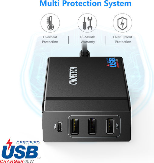 Choetech Βάση Φόρτισης με 3 Θύρες USB-A και Θύρα USB-C 72W Power Delivery σε Μαύρο χρώμα (PD72-1C3U)