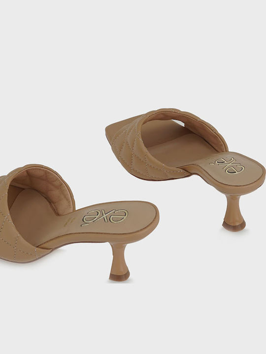 Leather Mules with Thin High Heel in Tabac Brown Color