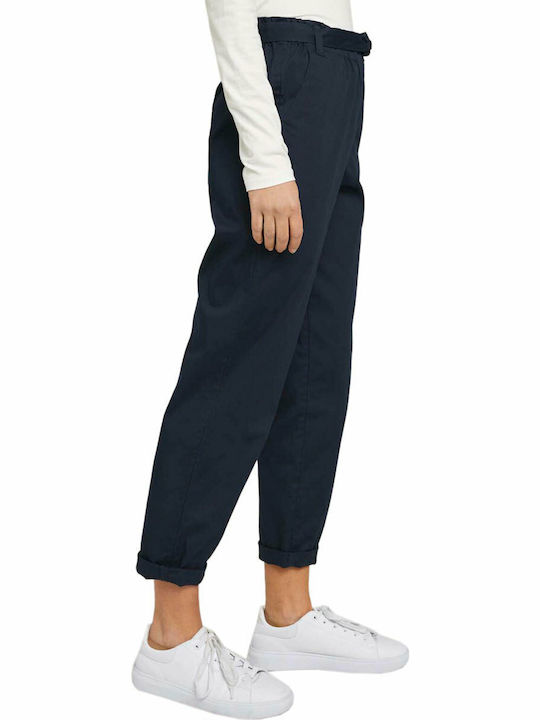 Women's High-waisted Fabric Trousers Paperbag Fit Navy Blue