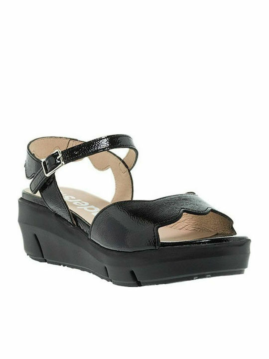 Wonders Women's Leather Ankle Strap Platforms Black