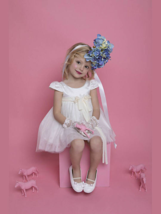 Bambolino Doukissa Ecru Baptism Clothes Set with Hair Accessories and Tulle Dress 2 Pieces