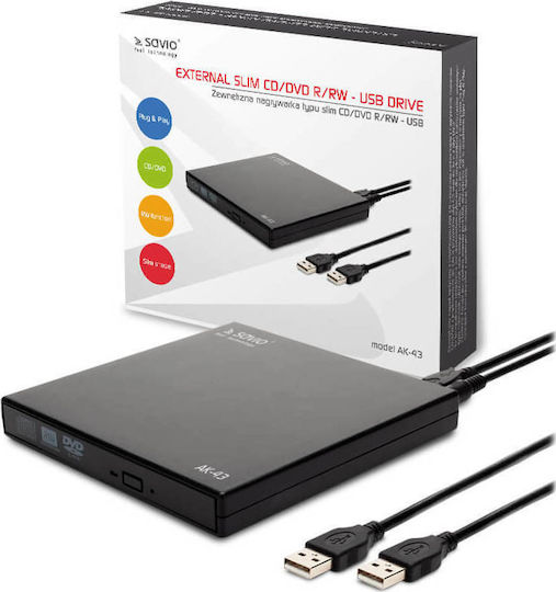 Savio Extern Unitate optică Înregistrare/Citire DVD/CD pentru Desktop / Laptop Negru