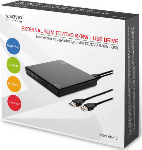 Savio Extern Unitate optică Înregistrare/Citire DVD/CD pentru Desktop / Laptop Negru