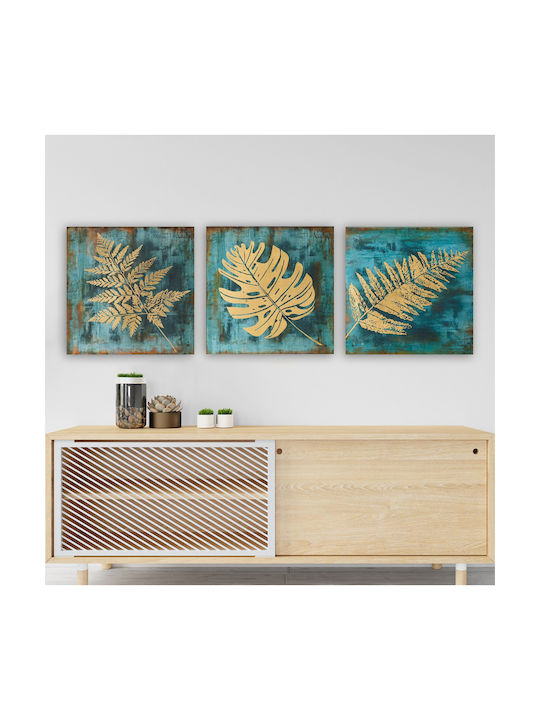 HomeMarkt Golden Tropical Leaves Threefold Painting on Canvas 90x30cm