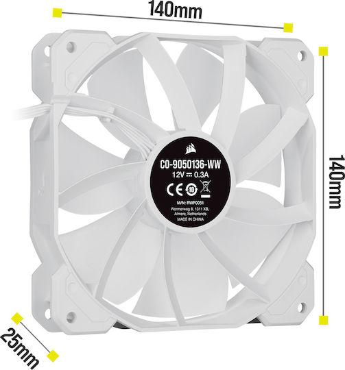Corsair iCUE SP140 RGB Elite Performance Case Fan (1200rpm / 68.1cfm) με Σύνδεση 4-Pin PWM Λευκό