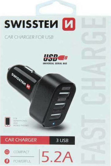 Swissten Car Charger Black Total Intensity 5.2A with Ports: 3xUSB