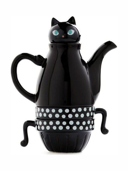 Γάτα με Δύο Φλιτζάνια Tea Set with Cup Ceramic in Black Color 3pcs