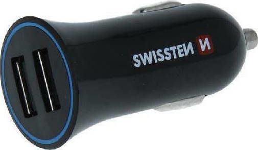 Swissten Auto-Ladegerät 18W 2.4A mit Anschlüssen: 2xUSB mit Kabel Mikro-USB Schwarz Farbe
