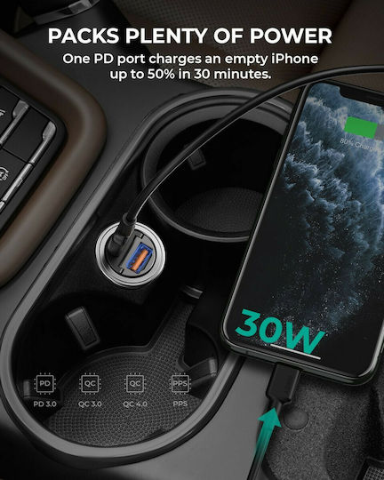 Aukey CC-A3 Încărcător Auto Cu Mufă De Brichetă 30W Cu Porturi 1xUSB-A 1xType-C Culoare Neagră