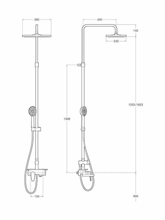 Roca Verstellbare Duschsäule mit Wannenbatterie 125,3-165,3cm Silber