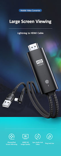 Usams Angle (90°) / Braided USB to Lightning / HDMI Cable Μαύρο 2m (SJ442HD01)