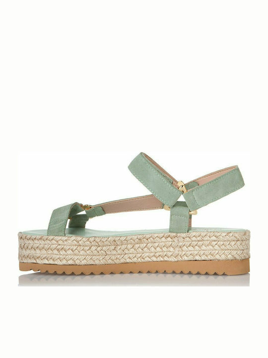 Leather Women's Flat Sandals with Strap Flatforms in Green Color