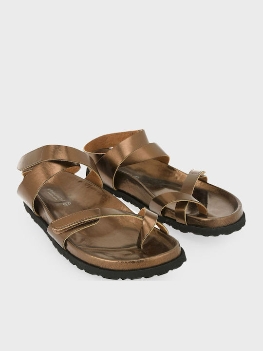 Majorca Met Leather Women's Flat Sandals with Strap in Brown Color