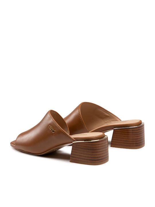 Leather Mules with Chunky Low Heel in Brown Color