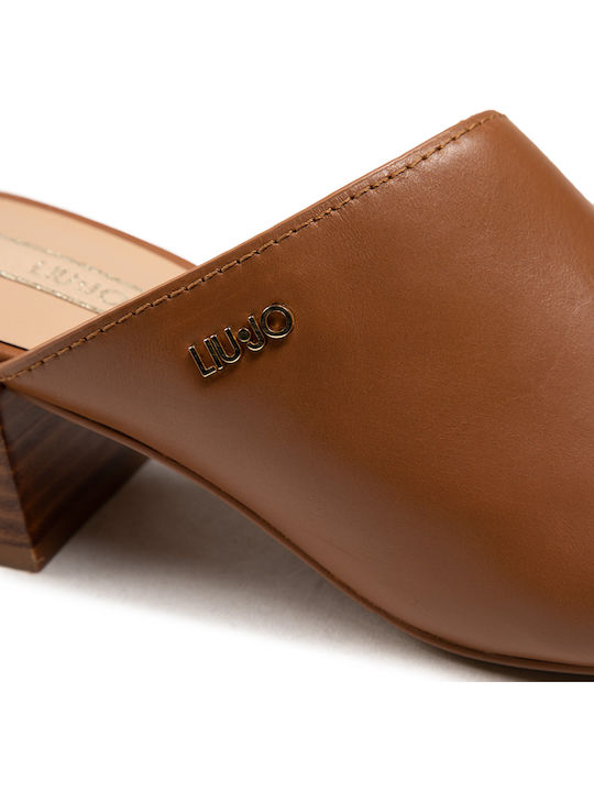 Leather Mules with Chunky Low Heel in Brown Color
