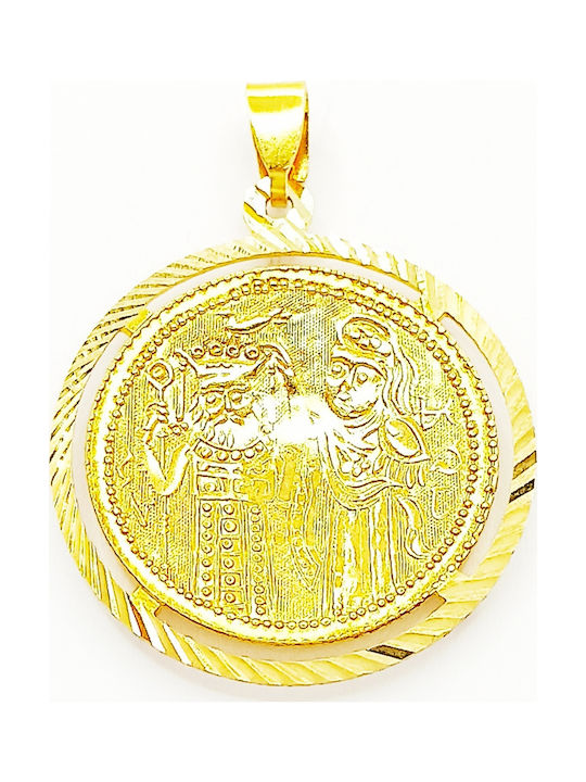 Handmade gold pendant Constantine 14 Carat gold in round frame with double face, height 3,5cm, width 2,6cm and weight 3,2gr.