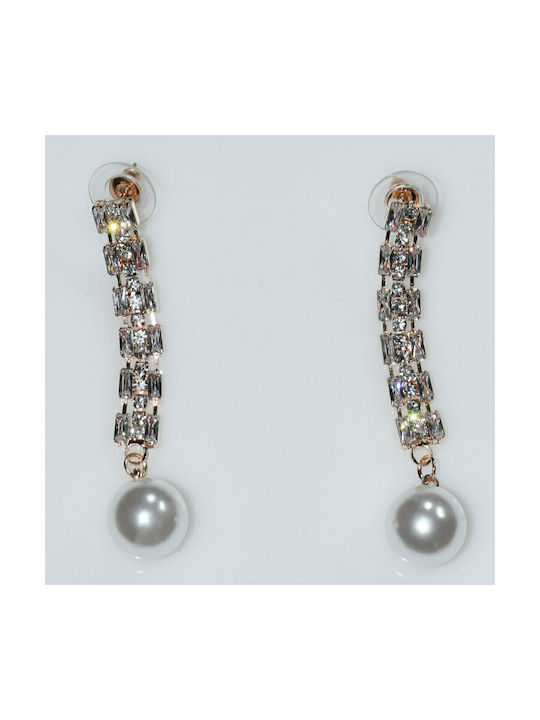 Studded brass foil earrings long with pearls and white crystals in pink gold colour BZ-ER-00608