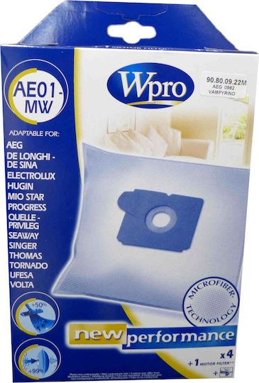 Wpro AE01-MW Staubsaugerbeutel 4Stück Kompatibel mit Staubsauger AEG / Delonghi / Electrolux / Sängerin