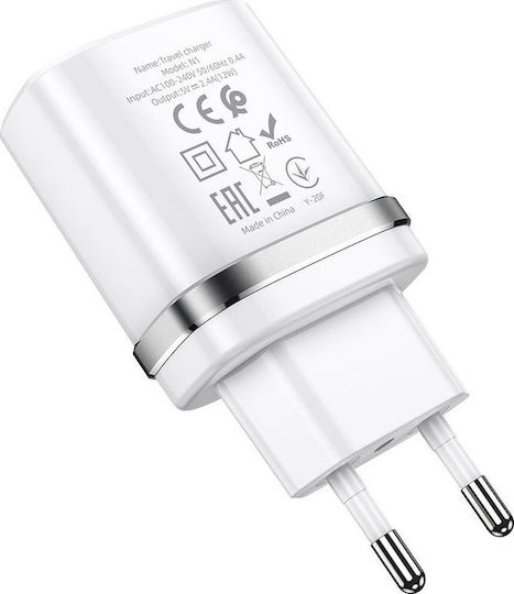 Hoco Φορτιστής με Θύρα USB-A και Καλώδιο micro USB Λευκός (N1)
