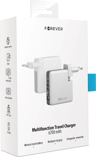 Forever Core Wall Power Bank 6700mAh με 2 Θύρες USB-A και Θύρα USB-C Λευκό