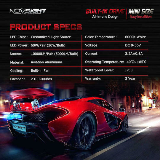 NovSight Λάμπες Αυτοκινήτου H4 LED 6000K Ψυχρό Λευκό 12-24V 30W 2τμχ