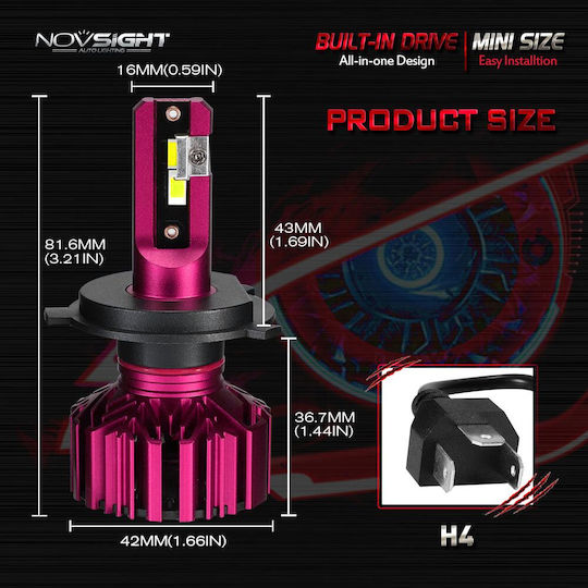 NovSight Λάμπες Αυτοκινήτου H4 LED 6000K Ψυχρό Λευκό 12-24V 30W 2τμχ
