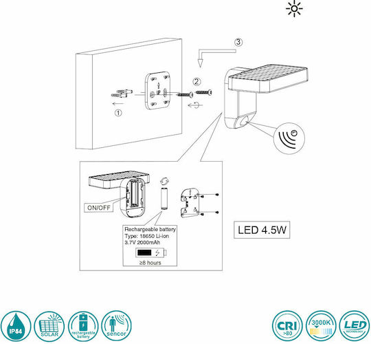 Trio Lighting Esquel Wall Mounted Solar Light 4.5W 290lm Warm White 3000K with Photocell IP44 18cmx12cmcm