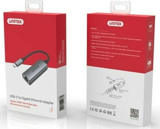 Unitek U1312A USB-C Network Adapter for Wired Connection Gigabit Ethernet