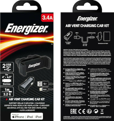 Energizer Φορτιστής Αυτοκινήτου Μαύρος Συνολικής Έντασης 3.4A με μία Θύρα USB μαζί με Καλώδιο lightning