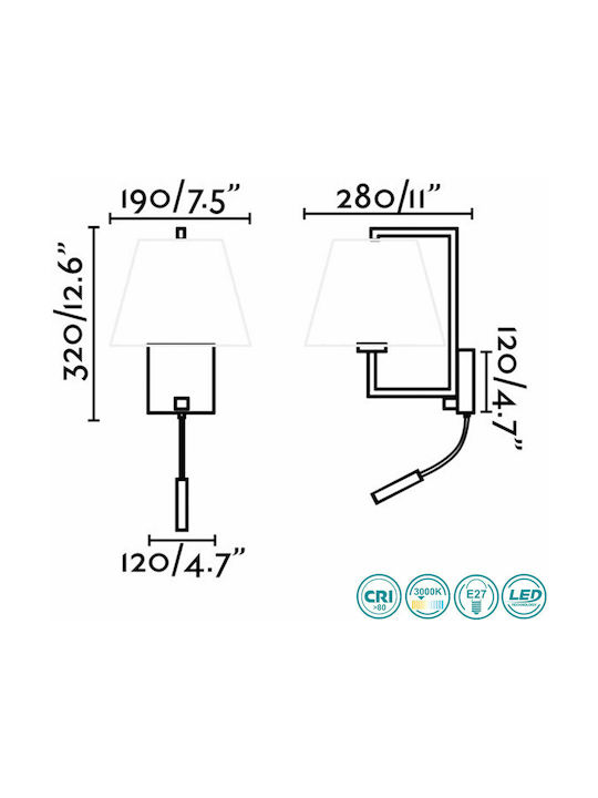 Faro Barcelona Modern Lamp Wall with Socket E27 and Switch Black 19x28cm